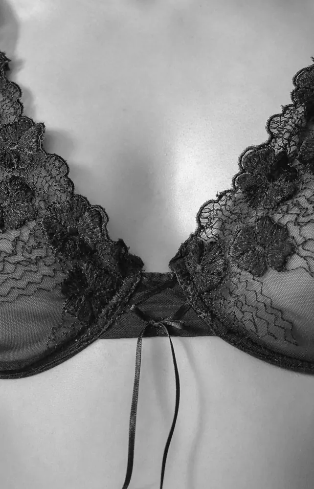 Photo en noir et blanc d'un soutien-gorge en dentelle noire, en gros plan.