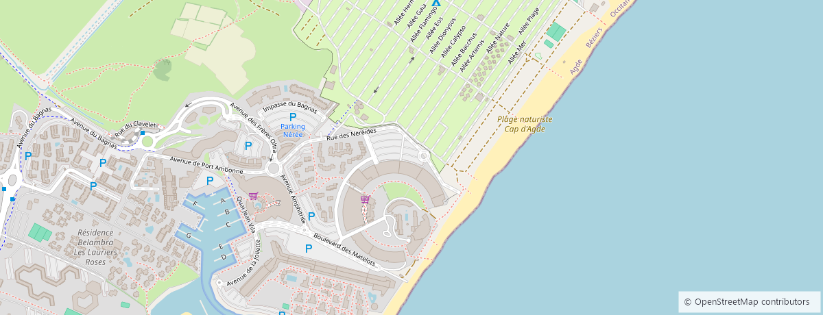 Carte du Village Naturiste du Cap d'Agde : de l'entrée au port de Port Ambonne, camping Oltra, avenue Amphitrite et la plage de la Baie des Cochons